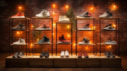 A stylish display of various sneakers elegantly arranged with warm lighting against a brick wall backdrop.