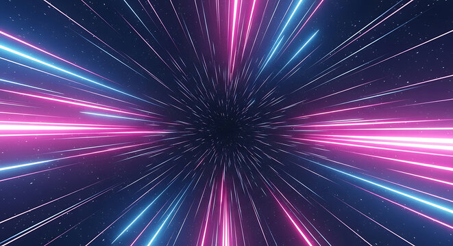 Fototapeta Abstract hyperspace jump with vibrant neon lights hurtling through space tunnel background,