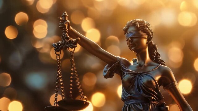 Close-up Justice statue, blindfolded, holding scales, set against backdrop soft, blurred golden bokeh lights, invoking themes law, fairness, equal treatment.