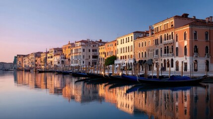 Naklejka premium Venice cityscape during golden hour, pastel-colored buildings reflecting in the water, gondolas moored at wooden piers