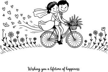Wedding Cycling with Love: A cheerful couple cycles into their new chapter on a bicycle, surrounded by floral beauty and heartfelt wishes for lifelong happiness.