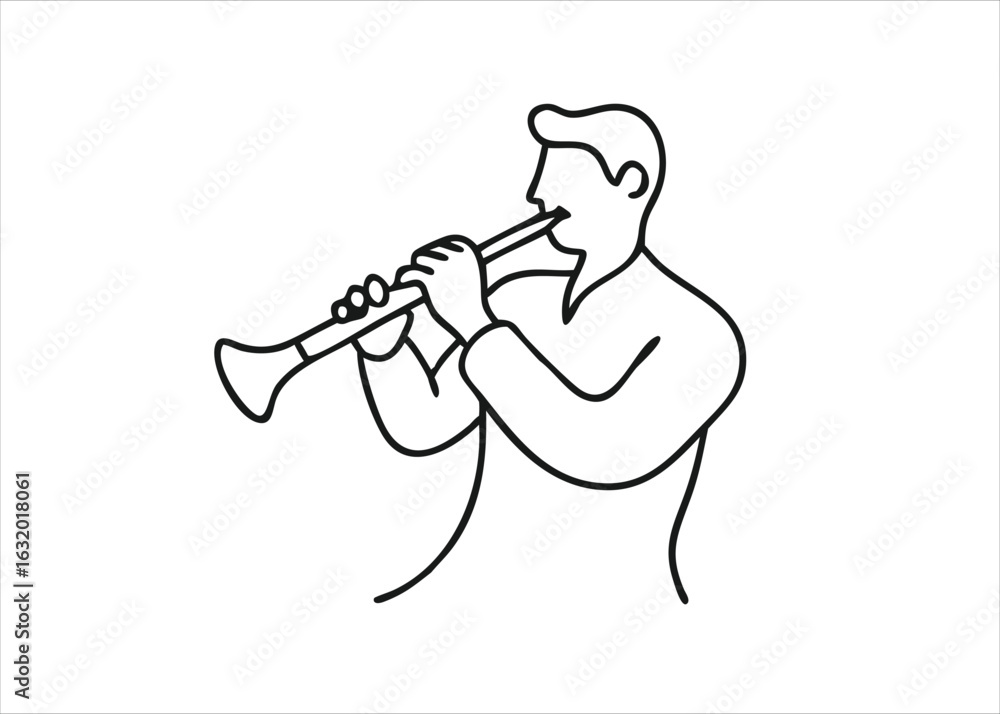 Poster artistic single stroke depiction of a musician playing a clarinet presented as a continuous flowing 