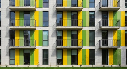Obraz premium Vibrant Geometry: Modern Apartment Facade with Yellow and Green Vertical Panels