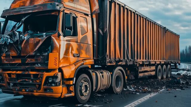 Severely damaged truck on highway after accident	
