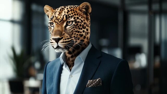 Leopard head in business suit and jacket against office background	
