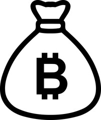 Bitcoin money bag icon. Simple black outline symbol for cryptocurrency, blockchain, and digital finance. Vector
