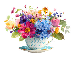 Bright and colorful floral bouquet arranged inside a charming polka-dotted teacup, detailed petals and leaves, isolated on white background.