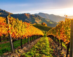 Naklejka premium Autumn vineyard landscape at sunrise