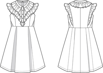 Sleeveless A-line dress with layered ruffle collar, button front detail, feminine vintage style, cad drawing flat vector illustration