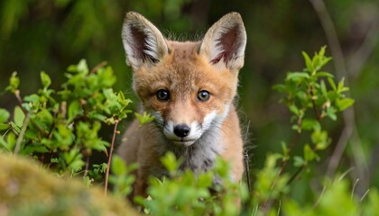 Fototapeta premium Curious fox kit peers from lush green foliage, its eyes wide with youthful wonder