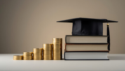 The image features a graduation cap resting on a stack of books alongside ascending stacks of gold coins, symbolizing the relationship between education and financial success.