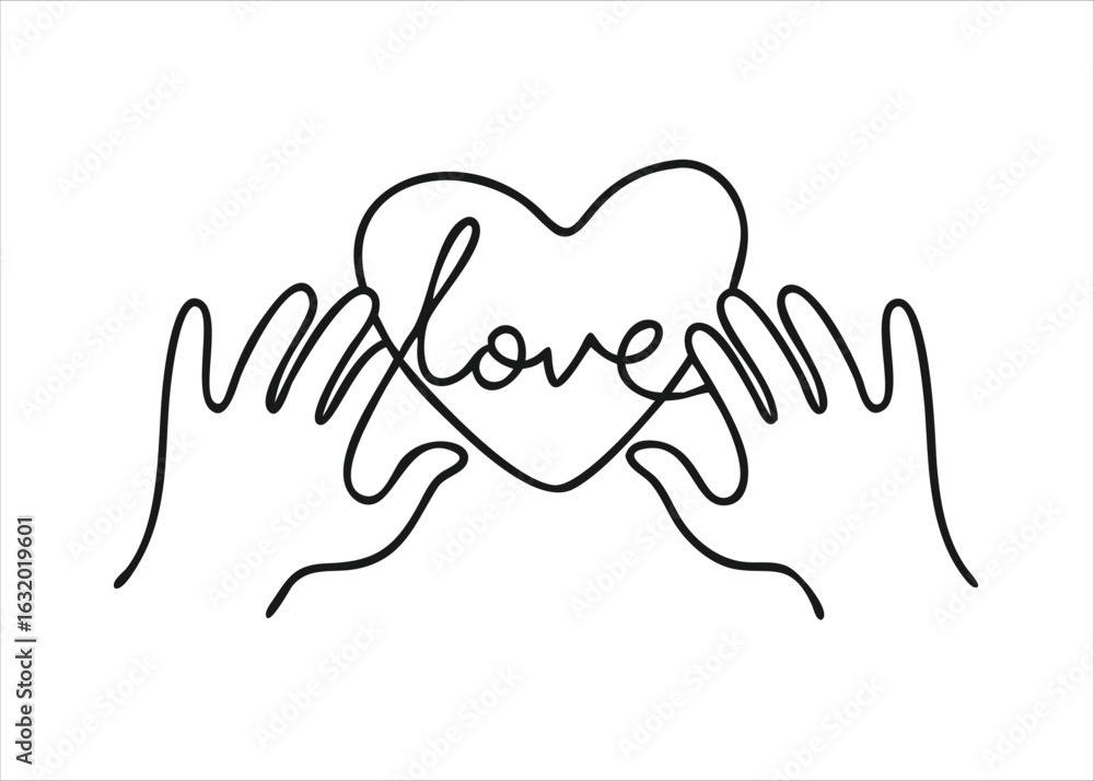 Poster elegant continuous line art depicting two hands forming a heart shape with a subtle black outline is