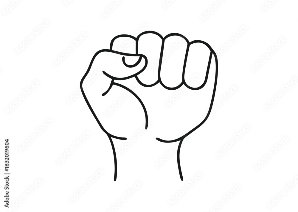 Poster artistic continuous line drawing of a powerful clenched fist hand rendered with a single unbroken st