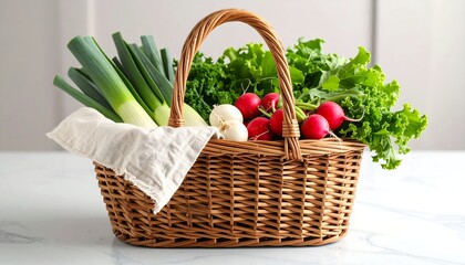 Fresh Spring Vegetables in Wicker Basket on Marble