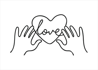 Obraz premium Elegant continuous line art depicting two hands forming a heart shape with a subtle black outline isolated on white background