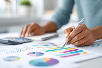 Hands utilize colorful budgeting tools and planners for effective financial management on a desk