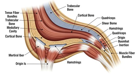 Cross-section of a knee joint showcasing bone and muscle structures.