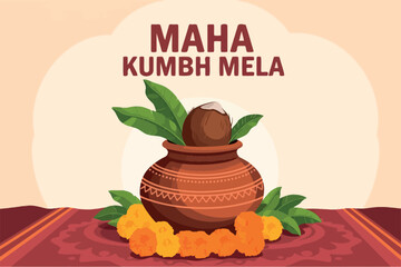Maha Kumbh Mela Pot with Leaves and Marigold Flowers Illustration