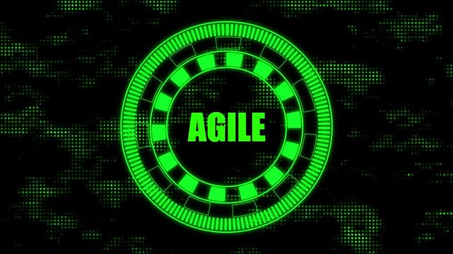 Agile technology concept digital interface with glowing green H U D elements and data points on a