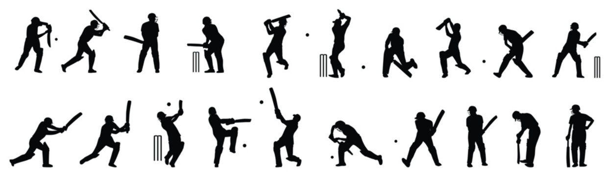 cricket batsman, cricket player silhouette set isolated