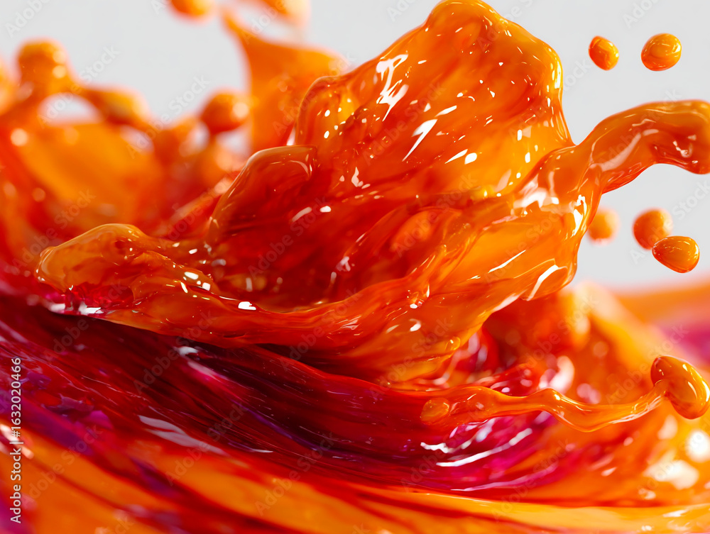 Poster vivid orange and red liquid splash frozen in motion with glossy texture and dynamic movement on a li