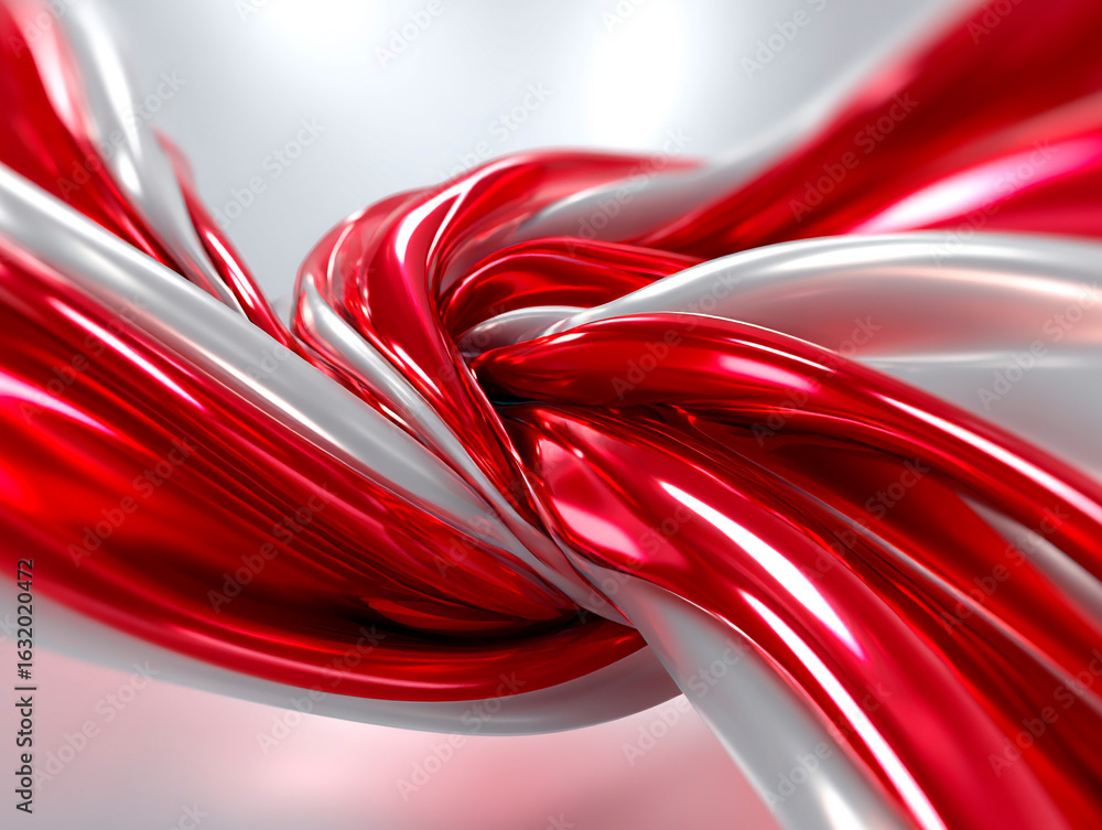 Poster glossy red and white twisted ribbons intertwined in a dynamic abstract composition with smooth refle
