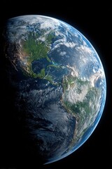 Detailed render of Earth from space Visible continents oceans clouds and city lights on the night side