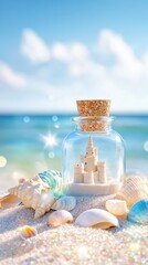 Obraz premium A whimsical sandcastle in a bottle on a sun-kissed beach, evoking summer dreams.
