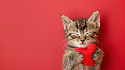 Obraz premium An Adorable Kitten Paired with Red Hearts, Set Against a Red Background—Perfect for Valentine’s Day, Love-Themed or Wedding Cards, Blending Cuteness with Warm Affection and Romantic Vibes.