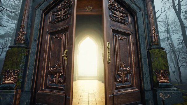 ornate carved wooden double door opening in forest video 