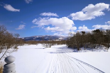 Landscape with snowmobile tracks on a snow-covered lake