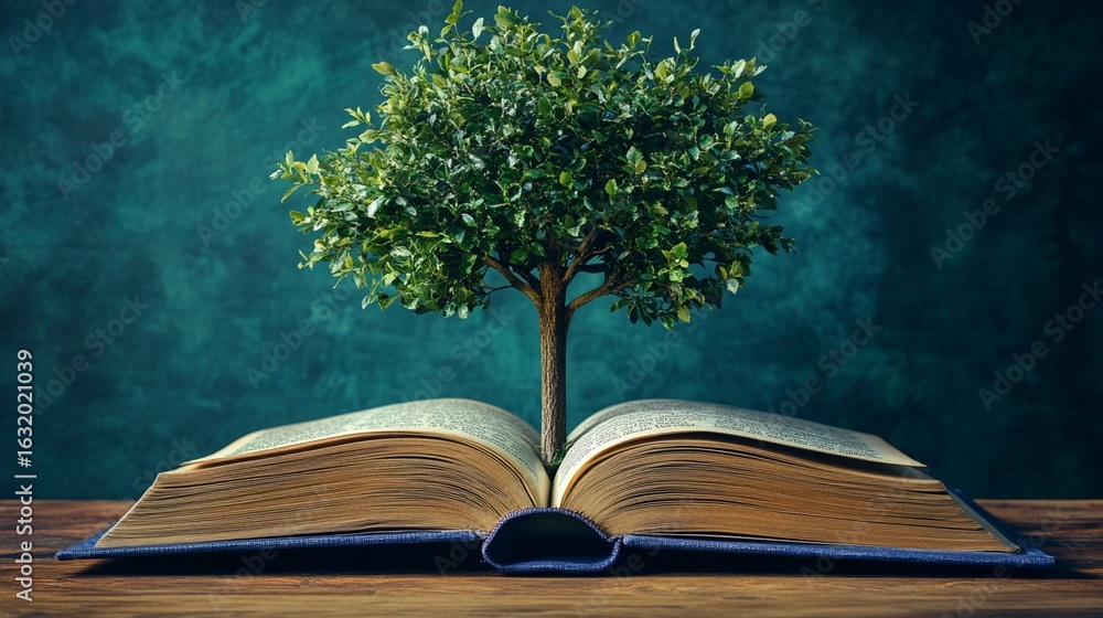 Poster discover the magic of knowledge: a vibrant tree of wisdom grows from an open book, symbolizing the t