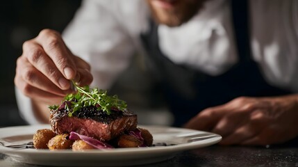 Chef carefully garnishing a gourmet dish with fresh herbs