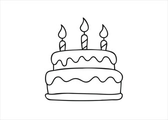 A detailed continuous single line drawing depicting a celebratory birthday cake with decorative elements isolated on white background