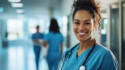 Fototapeta premium A young, female healthcare professional in a blue uniform with a stethoscope, standing in a hospital corridor.
