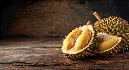 Freshly cut durian fruit revealing its creamy yellow flesh on a rustic wooden surface