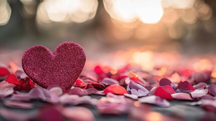 A pink heart-shaped object surrounded by scattered pink and red confetti on a blurred background.