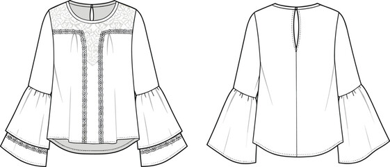 Long bell sleeve blouse, lace panel fashion sketch, round neck top, front and back cad drawing, boho chic shirt