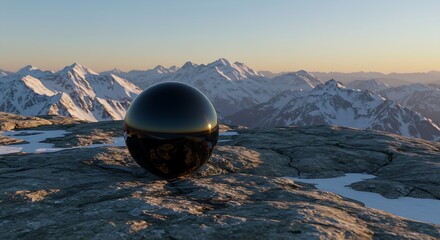 Spherical Black Object on Mountain Rocks at Sunrise with Snowy Peaks Background.