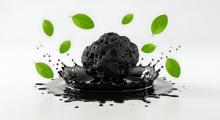Dynamic Black Shilajit Resin Spilling from Stone with Green Leaves – Emphasizing Natural Organic Essence.