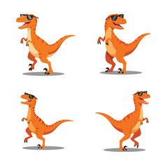 Flat vector of a dancing velociraptor with sunglasses, cute dino illustration