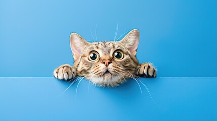 Obraz premium A Cat with a Shocked Expression, Front Paws Clutched Over Its Head, Set Against a Blue Background—Wide Eyes and Dramatic Stance Capture Pure Surprise in a Playful, Expressive Scene.