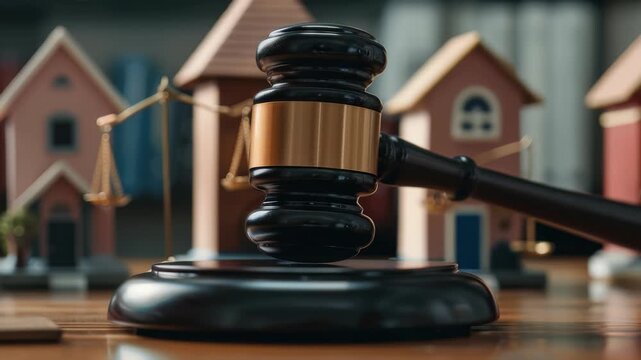 Gavel on sound block sits in front scale, miniature houses, implying legal aspects real estate, fair settlements, potentially, housing disputes.