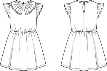 Girls ruffle sleeve dress sketch, pleated collar flat drawing, front and back view, elastic waist, fashion cad vector illustration