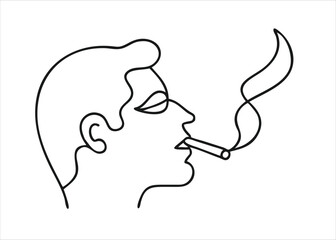 A minimalist single line drawing depicting a person exhaling smoke from a cigarette isolated on white background
