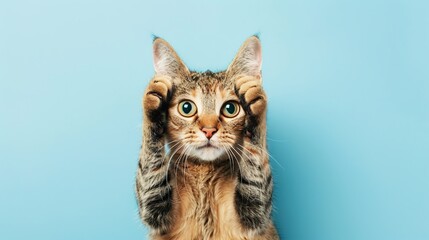 Obraz premium A Cat with a Shocked Expression, Front Paws Clutched Over Its Head, Set Against a Blue Background—Wide Eyes and Dramatic Stance Capture Pure Surprise in a Playful, Expressive Scene.