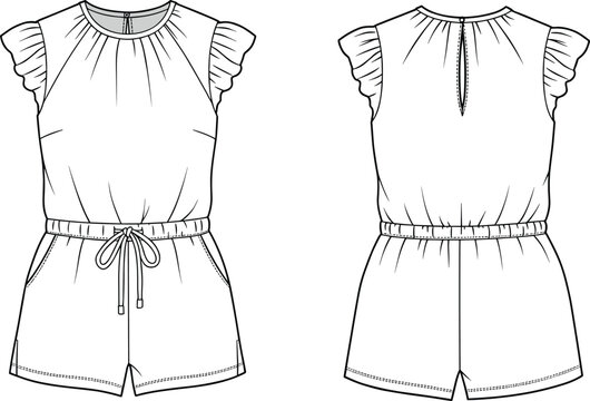 Flat sketch of girls romper with ruffle sleeves, drawstring waist, front and back view, fashion CAD vector illustration