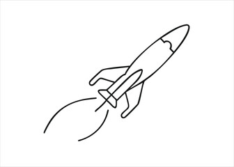 A minimalist single continuous line drawing art piece depicting a rocket spaceship ascending into the cosmos isolated on white background