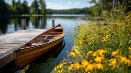 Serene wooden canoe moored at rustic dock, surrounded by vibrant yellow wildflowers with tranquil lake and pine forest in soft-focus background