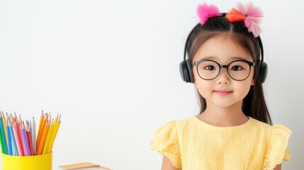 Smiling Asian girl wearing headphones and glasses, ready for learning and studying.